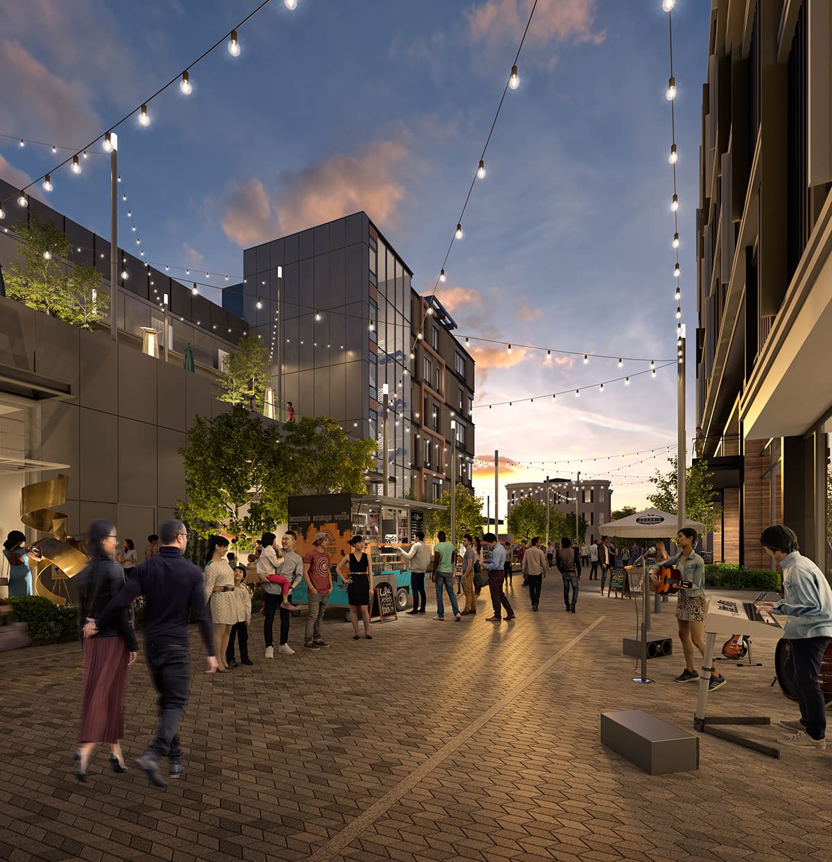 People enjoy a pedestrian friendly area with retail and food trucks