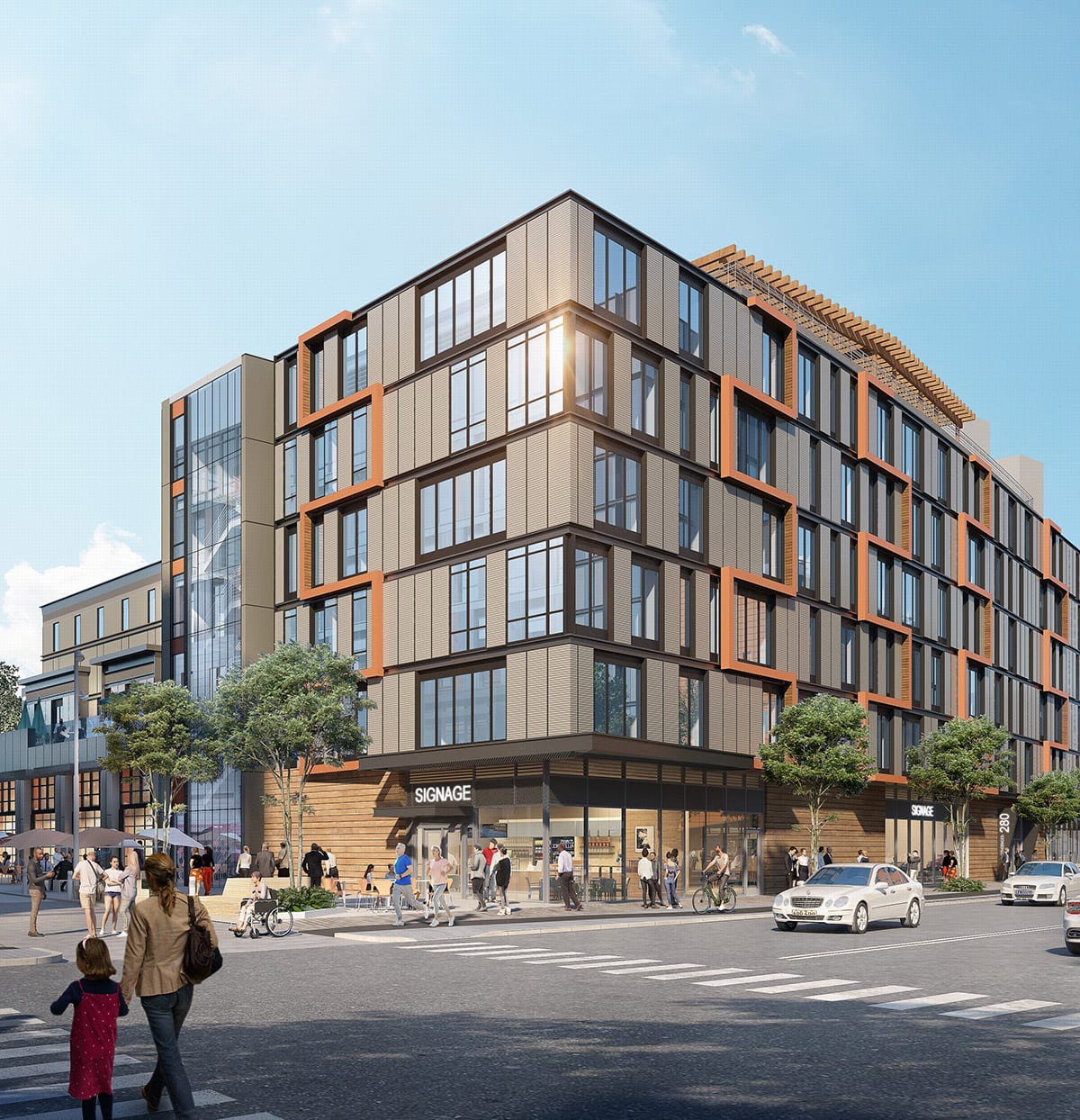 Allston Labworks building with decorative orange facades