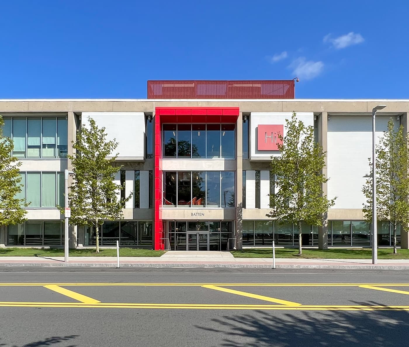 Commercial building with decorative red entryway