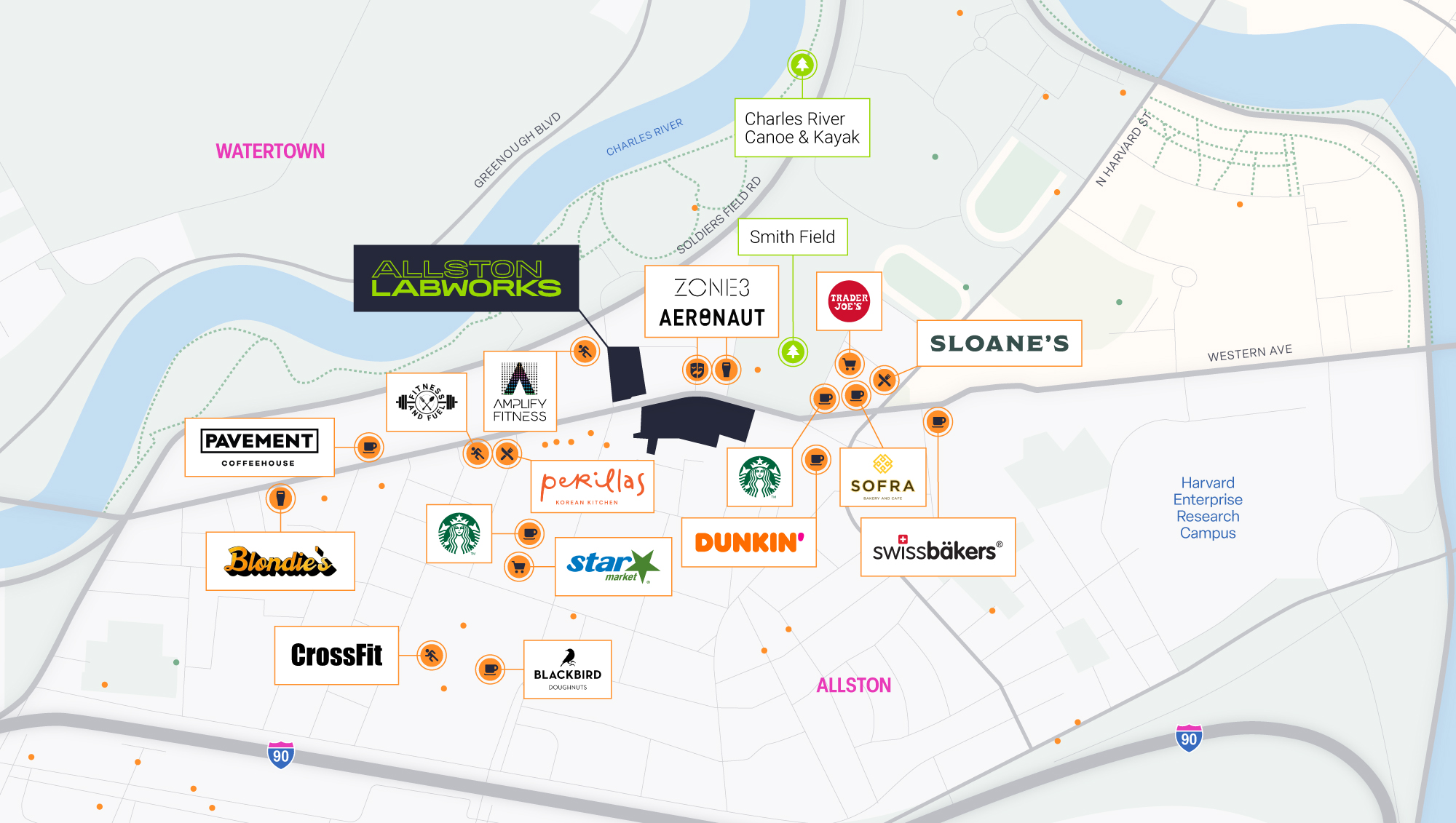 Map depicting Allston Labworks location and surrounding attractions