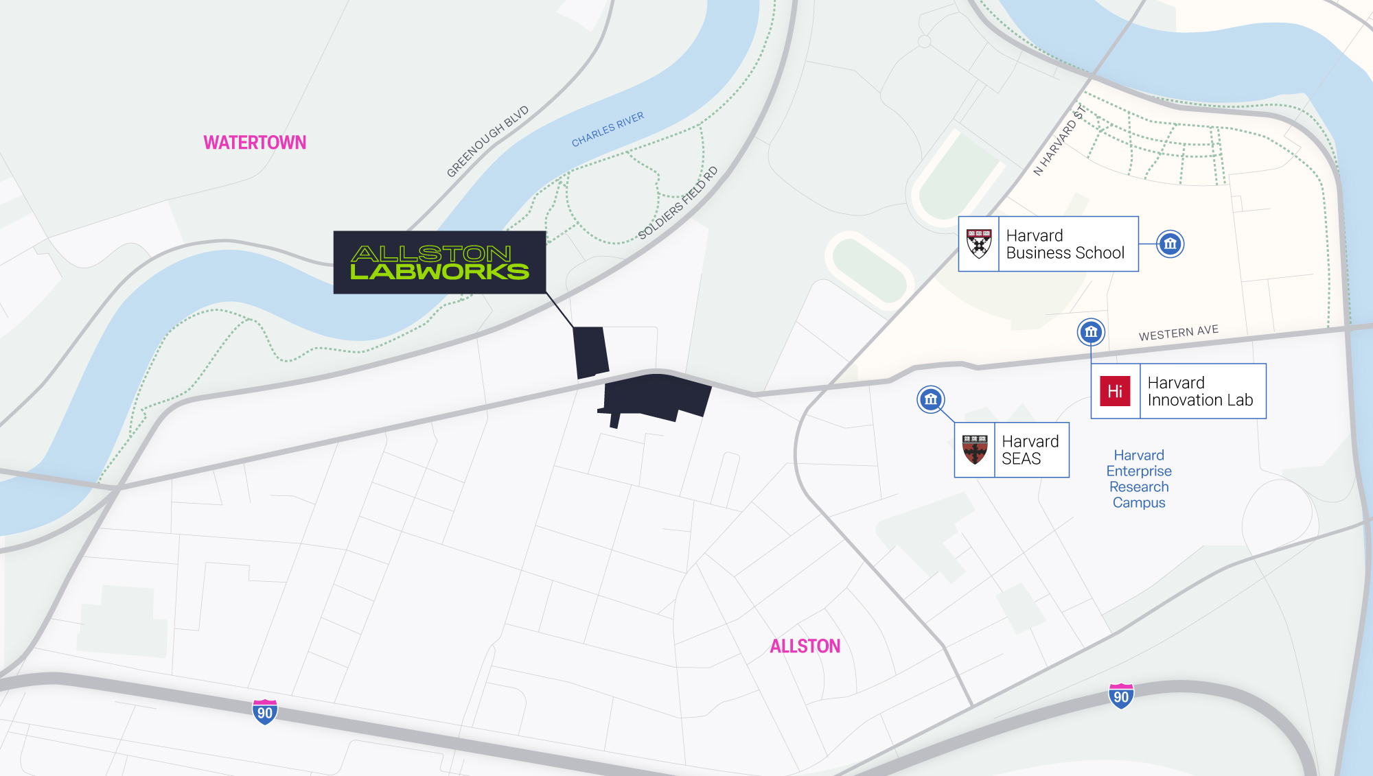 Map depicting several Harvard-related locations around Allston Labworks