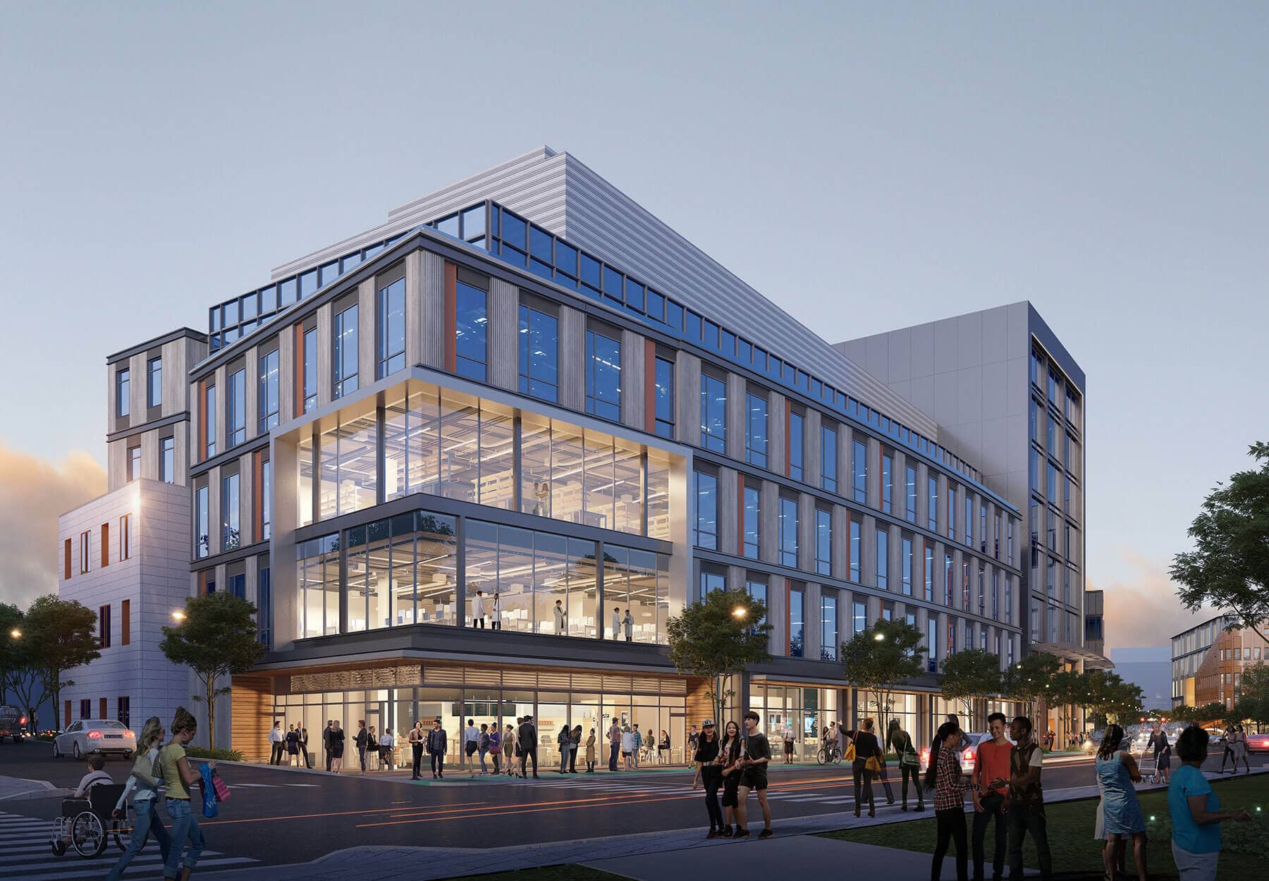 Allston Labworks building on busy intersection at dusk