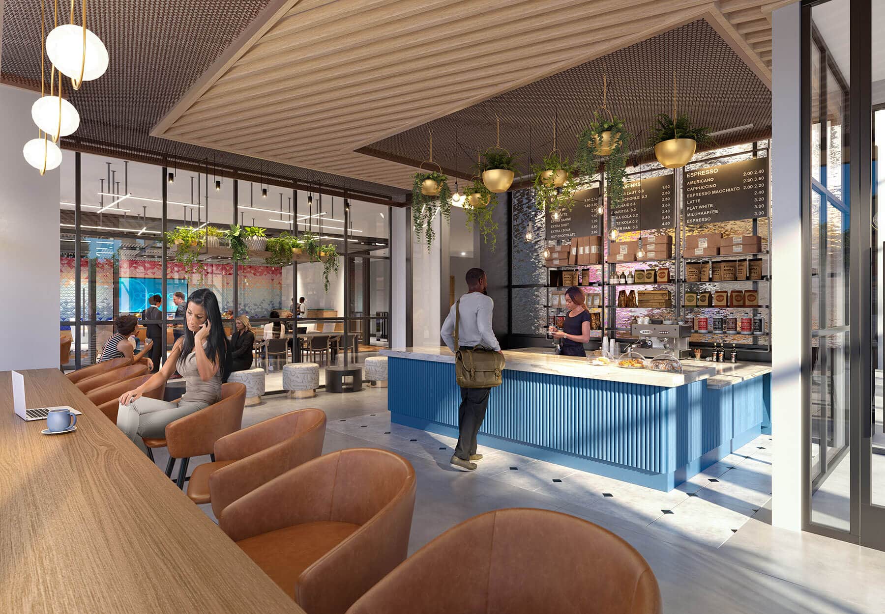 Coffee shop with grab and go counter and bar seating