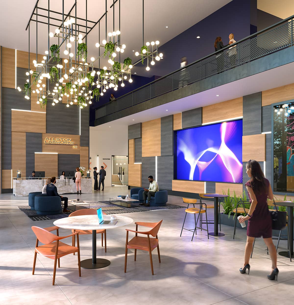 Lobby and seating area with large wall-mounted screen