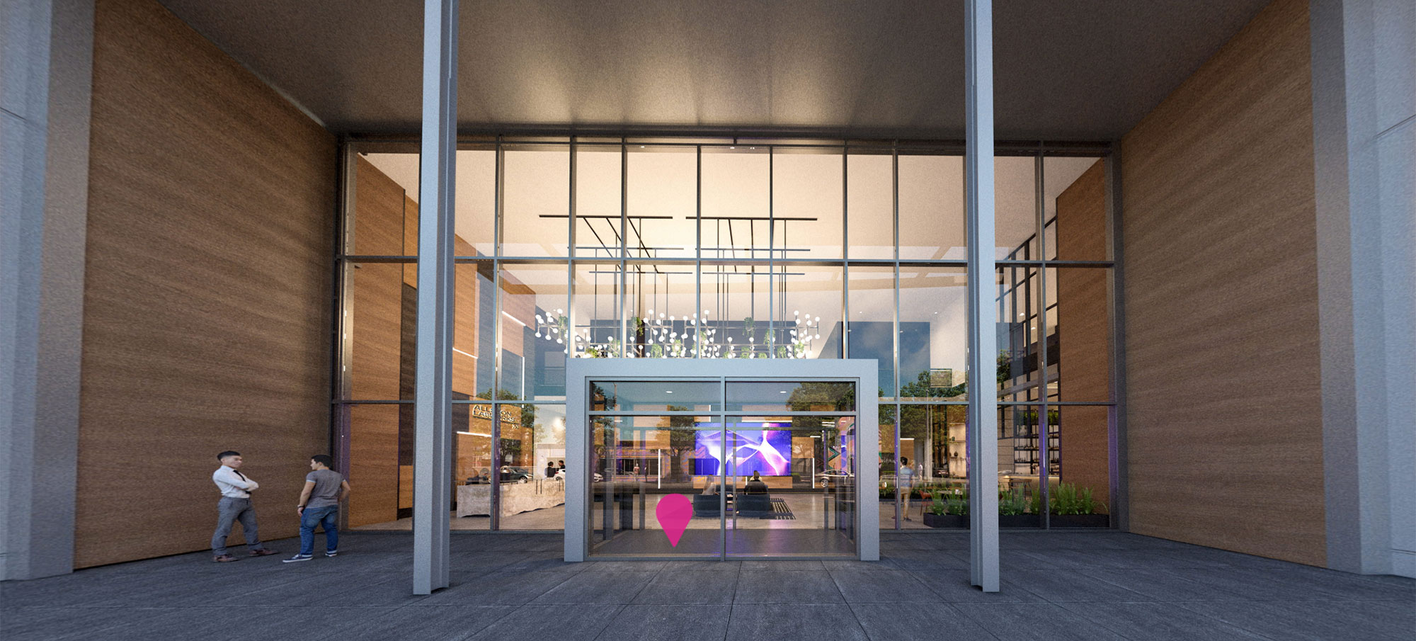 Windowed entryway to 250 Western Ave building