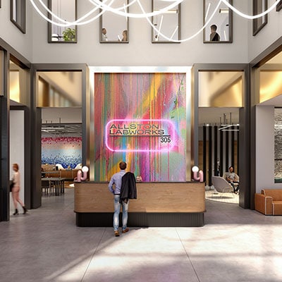 Colorful reception area of 305 Western building