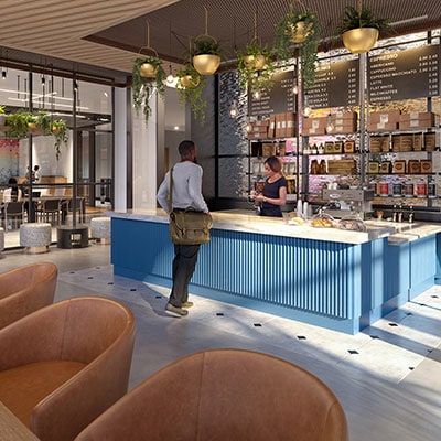 Coffee shop with grab and go counter and bar seating