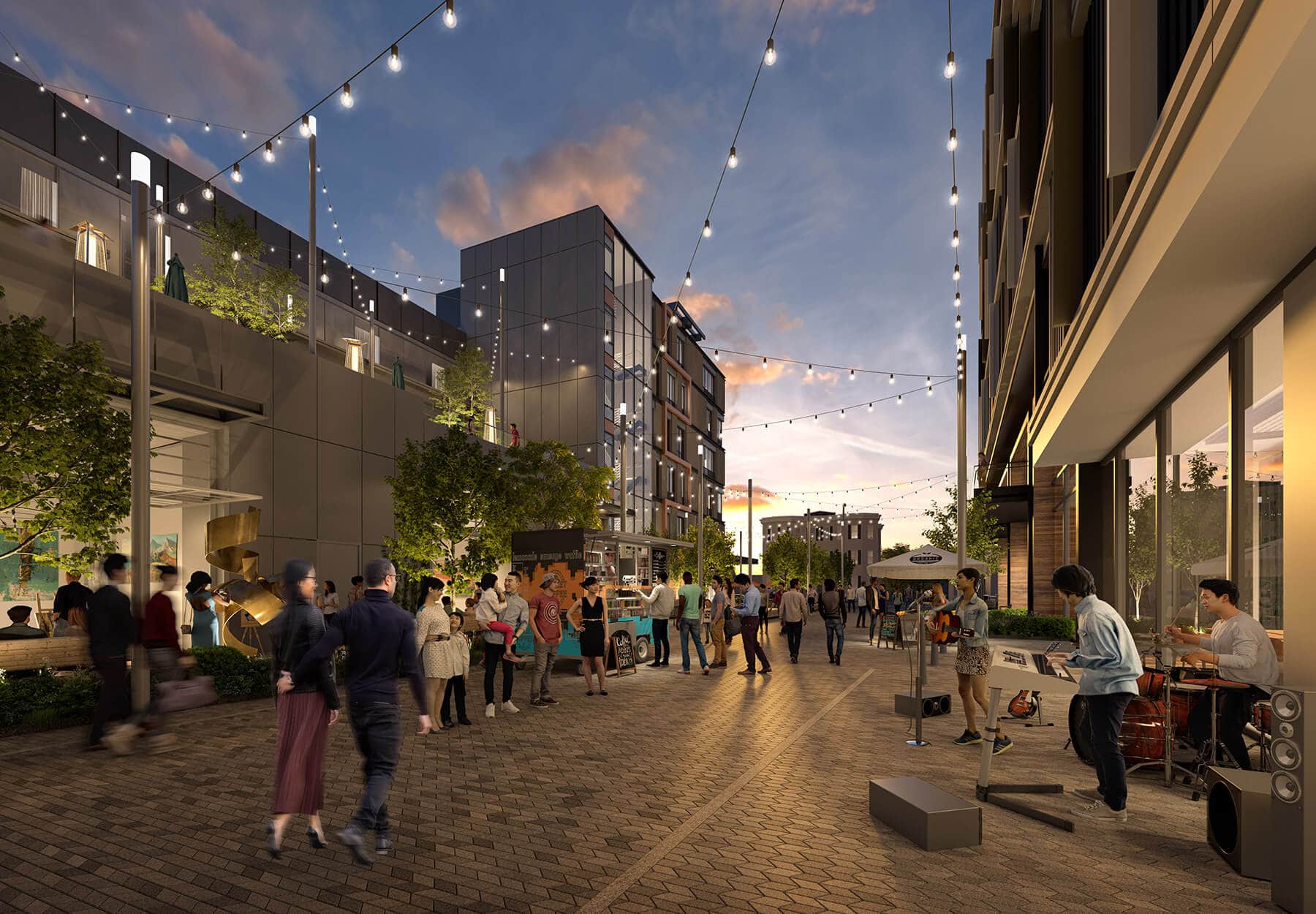 People enjoy a pedestrian friendly area with retail and food trucks
